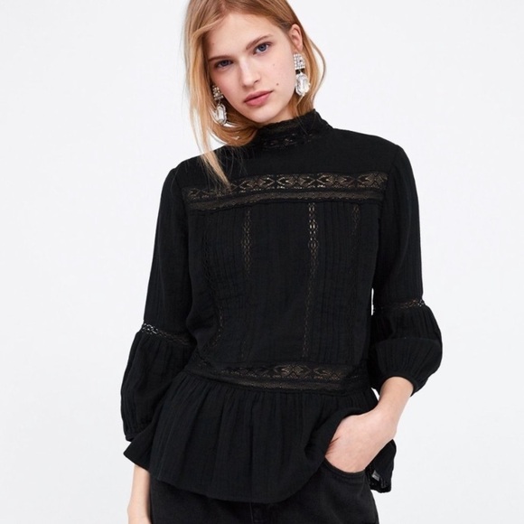 Nwt Zara Black Laced Cotton Blouse - Picture 1 of 6